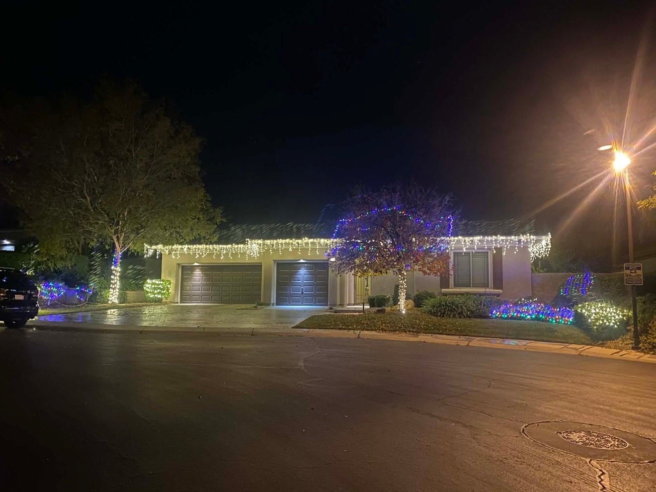 Whole home holiday lighting at night
